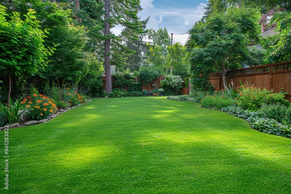 Fototapeta premium Green large fenced backyard with trees.