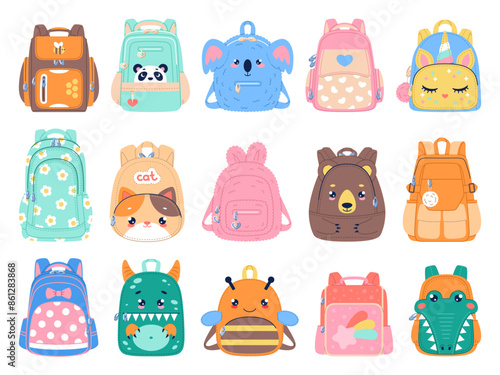 Color kid school backpacks. Modern cute student bags, childish satchels with animal faces and ears, cute back to school items, vector cartoon flat isolated pupils funny casual accessories set