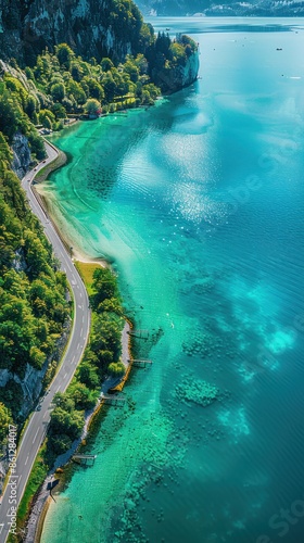 Aerial View of Coastal Road and Turquoise Waters at Attersee in Upper Austria, Scenic Alpine Lake Landscape