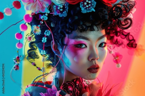 avantgarde japanese fashion portrait model with avantgarde curled hairstyle vibrant color blocked background high contrast lighting fusion of traditional and futuristic elements