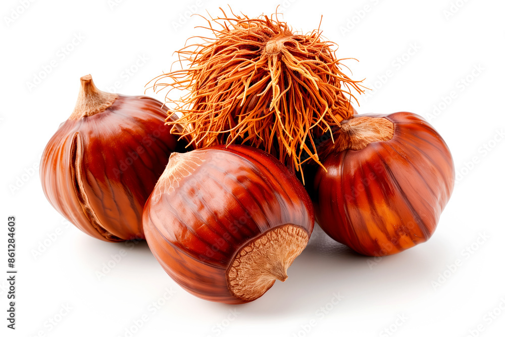 Close-up of shelled and unshelled Chestnut nuts isolated on a white background, showcasing their texture Close-up of shelled and unshelled Chestnut nuts isolated on a white background, showcasing their texture
