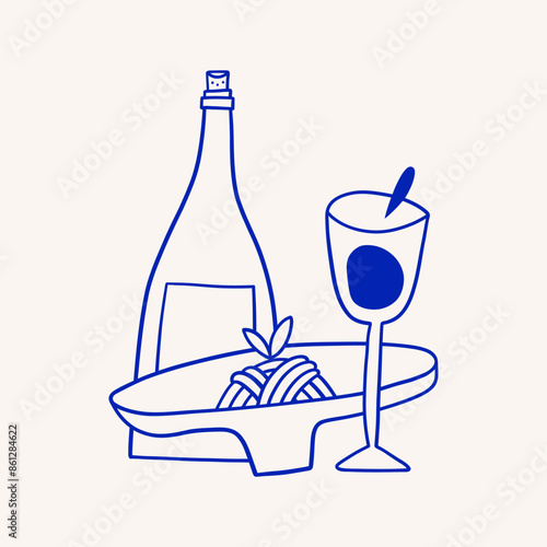 Wine and pasta hand drawn poster for wall art
