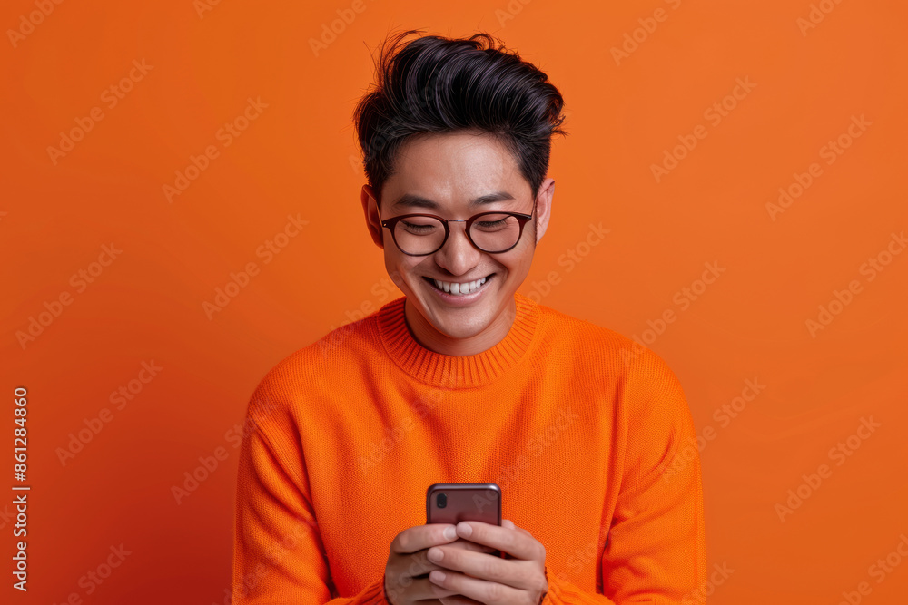 A man in an orange sweater using a smartphone against an orange background A man in an orange sweater using a smartphone against an orange background