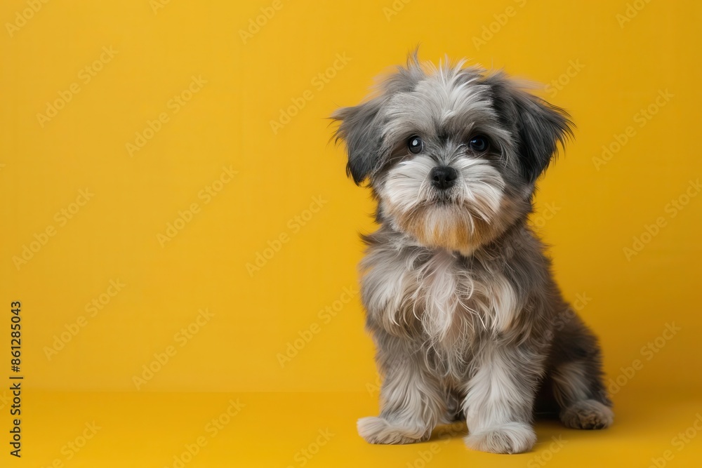 charming shih tzu puppy with expressive eyes fluffy gray fur sitting prettily against a modern yellow backdrop charming shih tzu puppy with expressive eyes fluffy gray fur sitting prettily against a modern yellow backdrop