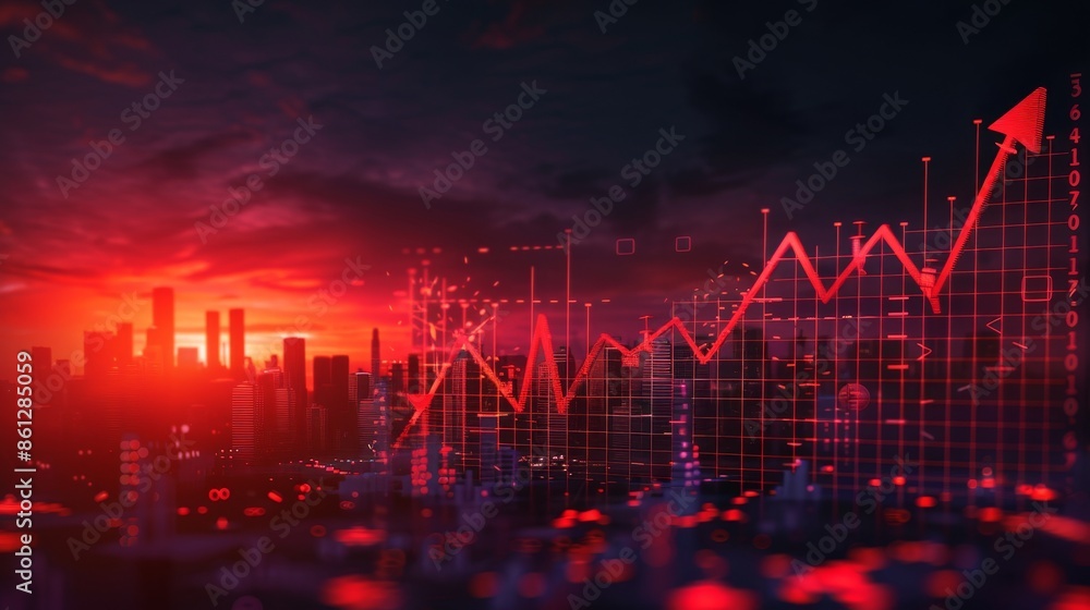 Financial arrow trending downwards, with visuals of a deteriorating economy, including falling graphs and negative percentages Financial arrow trending downwards, with visuals of a deteriorating economy, including falling graphs and negative percentages