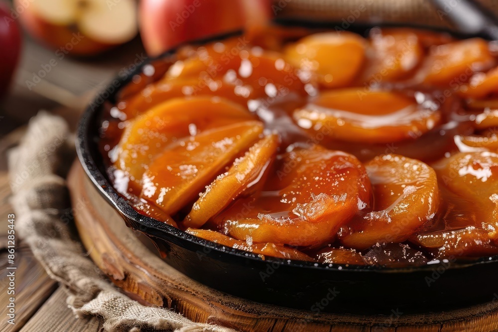 classic french tarte tatin caramelized apples golden pastry cast iron skillet rustic kitchen setting warm lighting emphasizing textures and glossy caramel classic french tarte tatin caramelized apples golden pastry cast iron skillet rustic kitchen setting warm lighting emphasizing textures and glossy caramel