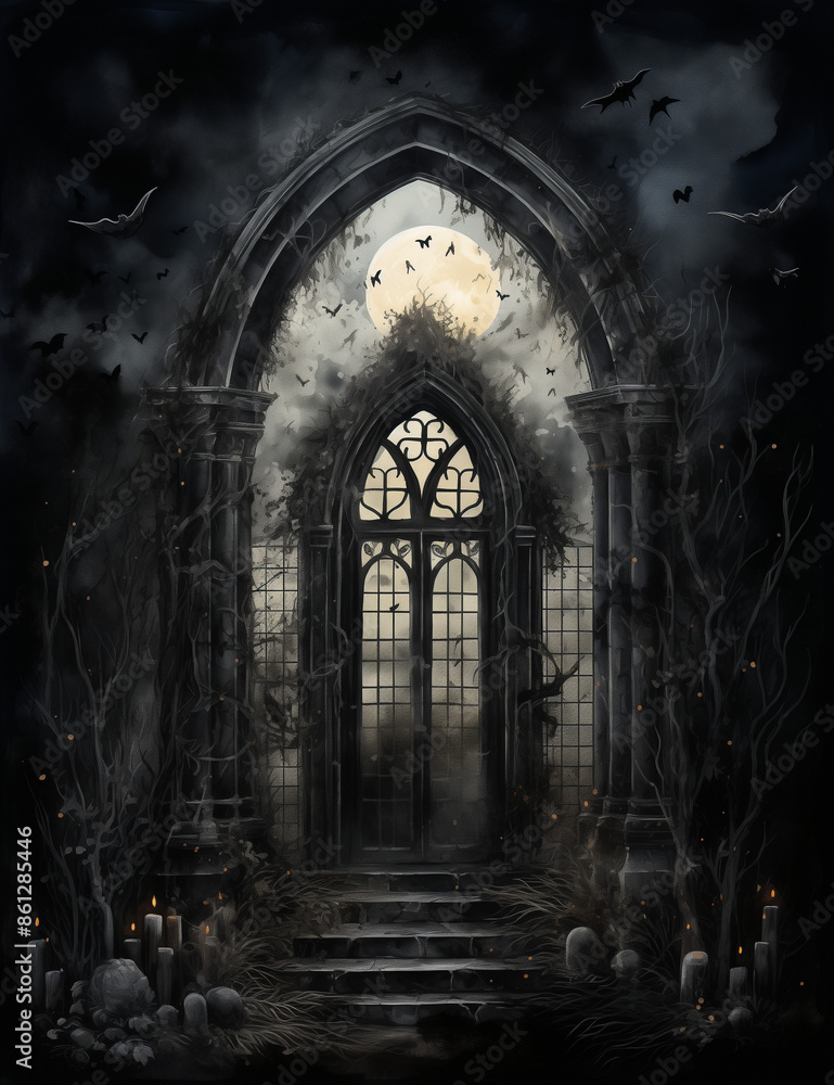 Obraz premium Scary gothic doors. Dark halloween night scene. Generative AI.