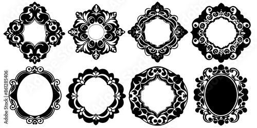A collection of decorative ornate frame shapes There are seven distinct frames each with its unique design silhouette