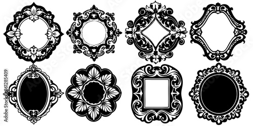 A collection of decorative ornate frame shapes There are seven distinct frames each with its unique design silhouette