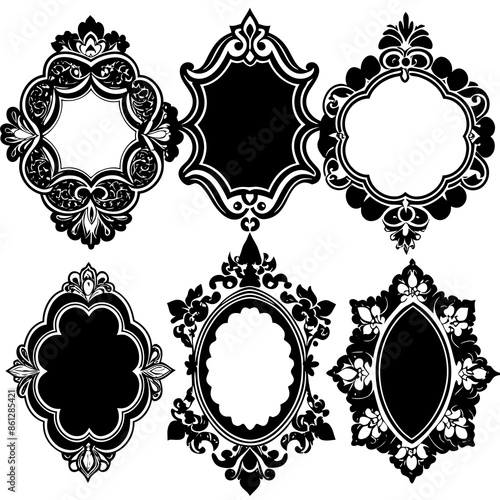A collection of decorative ornate frame shapes There are seven distinct frames each with its unique design silhouette