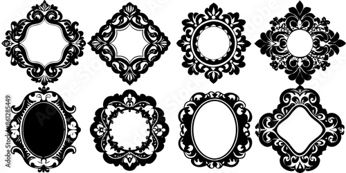 A collection of decorative ornate frame shapes There are seven distinct frames each with its unique design silhouette