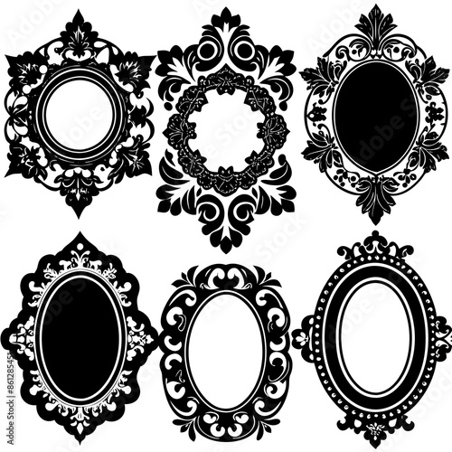 A collection of decorative ornate frame shapes There are seven distinct frames each with its unique design silhouette