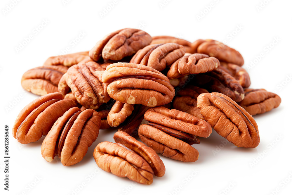 Close-up of shelled and unshelled Pecan nuts isolated on a white background, showcasing their texture Close-up of shelled and unshelled Pecan nuts isolated on a white background, showcasing their texture