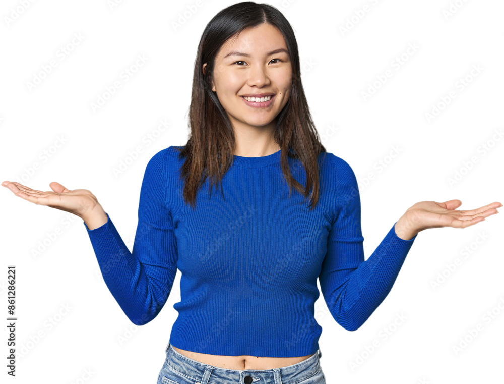 Young Chinese woman makes scale with arms, feels happy and confident. Young Chinese woman makes scale with arms, feels happy and confident.