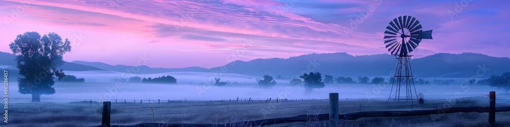 Naklejka premium Serene Countryside Landscape at Dusk with Vintage Windmill Surrounded by Misty Mountains and Tranquil, Ethereal Twilight Sky in Shades of Purple, Pink, and Orange. Outdoor Summer and Autumn Dreamlike 