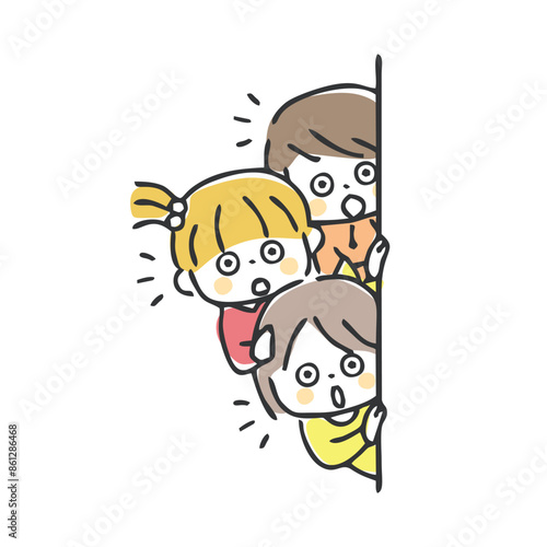 壁から覗いている子供　驚く