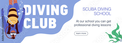 Scuba diving club, web banner design. Divers adventure, underwater marine sport school, site background. Undersea activity, website, advertising online page template. Flat vector illustration