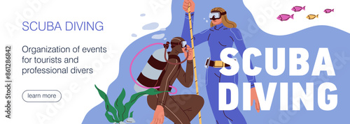 Scuba diving, web-site banner design. Divers club, underwater undersea marine sport school, website background, template. Online promotion page, advertising webpage. Flat vector illustration