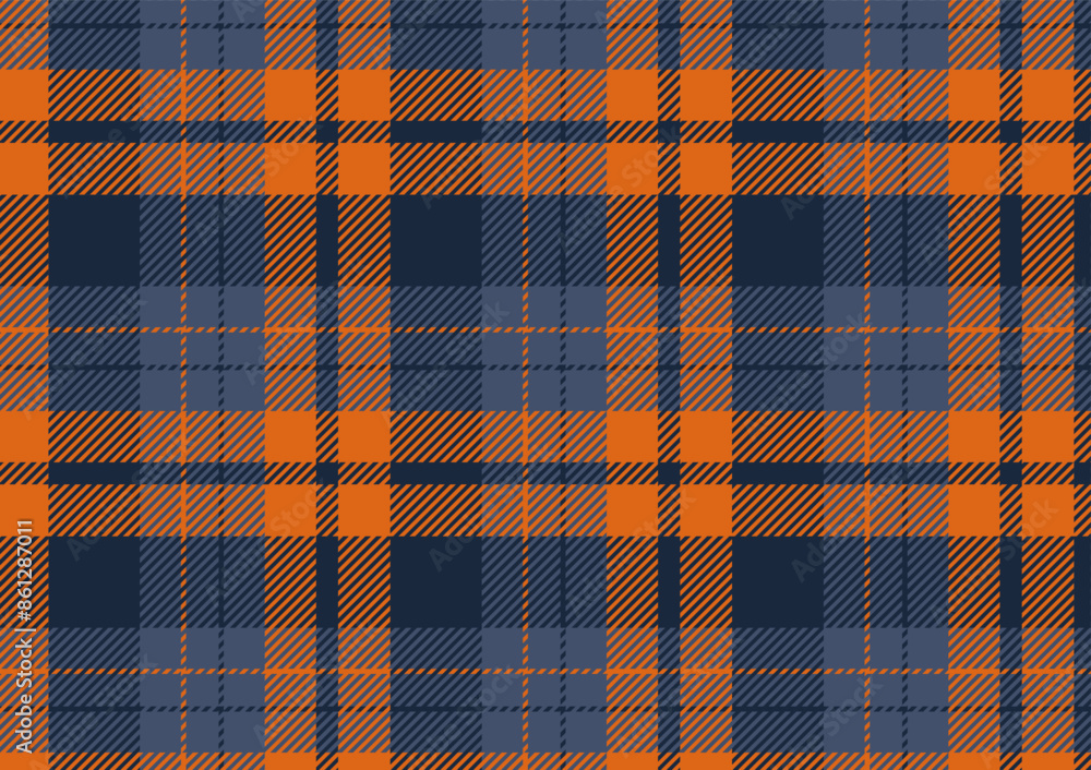 Dark blue orange tone plaid seamless pattern vector. Background graphic tartan fashion design use for print, texture, cloth, fabric, flannel.