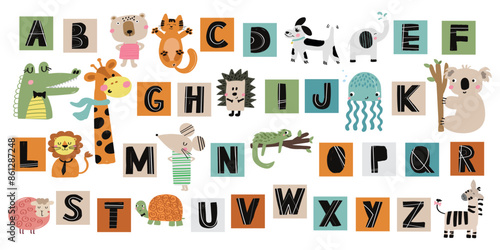 set of Playful letters. hand drawn Typography. Font For Kids And Games. Vector alphabet letters set, colorful script with animals. Perfect for happy birthday design in childish style, for school
