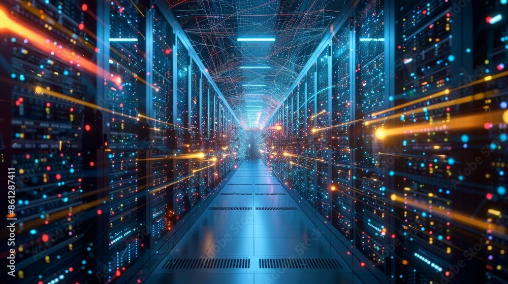 High-definition data center with brightly lit server racks, intricate network connections, and a colorful digital cyberspace atmosphere High-definition data center with brightly lit server racks, intricate network connections, and a colorful digital cyberspace atmosphere