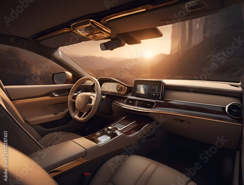  Beautiful luxury beaige salon of car in futuristic style on sunset in mountains. car concept. Ai generated photo