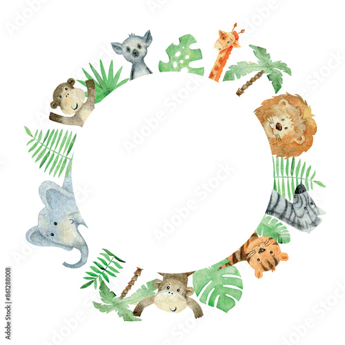 Baby shower card. Vector watercolor safari card with animals.