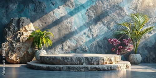 Stone Platform with Tropical Plants and Flowers photo
