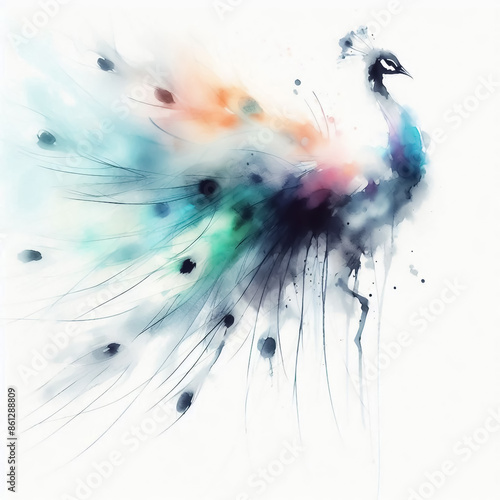 Abstract watercolor illustration of a peacock, with soft colors photo