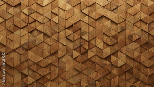 Timber, Wood Wall background with tiles. Triangular, tile Wallpaper with 3D, Soft sheen blocks. 3D Render