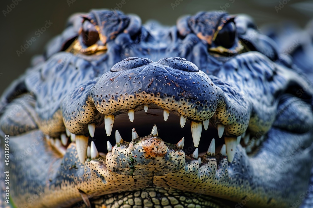 Obraz premium A very large and fat alligator reptile face with teeth showing and eyes. Predator and dangerous mood. Florida native wildlife