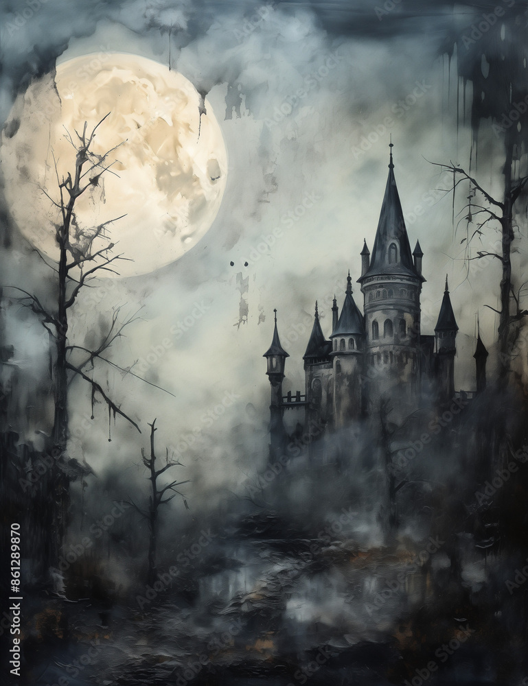 Scary old castle in moon. Gothic halloween castle. Spooky halloween night. Generative AI.