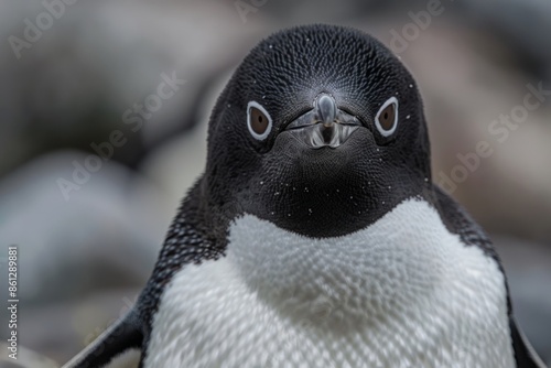 AdÃ©lie penguin curiously looks on as it rests on a small island in Antarctica. photo