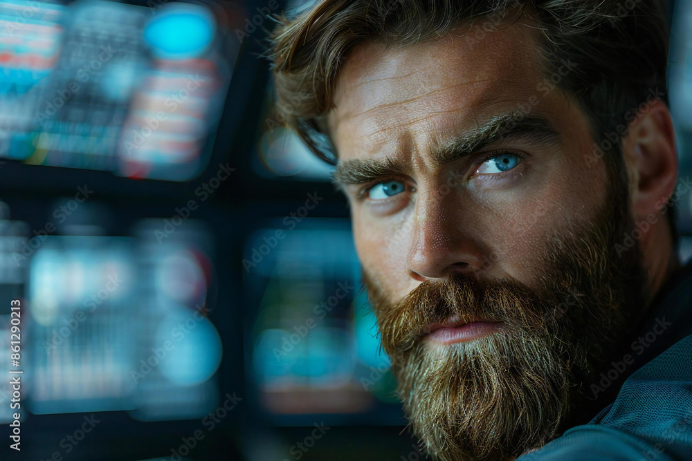 Beautiful man with a well-groomed beard utilizing holographic screens to manage sales invoices and tax accounting in a futuristic office setting. Beautiful man with a well-groomed beard utilizing holographic screens to manage sales invoices and tax accounting in a futuristic office setting.