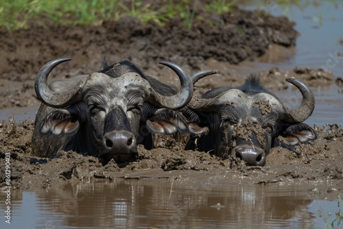 African Buffalos enjoying relaxing in mud in Maasai Mara. © Straxer