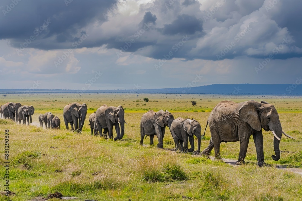 African elephant herd heading to the Musiara marsh in Masai Mara.