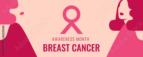 Breast cancer awareness banner with Two Women and pink ribbon with text. Horizontal Poster of support and solidarity with females fighting oncological disease. Vector illustration
