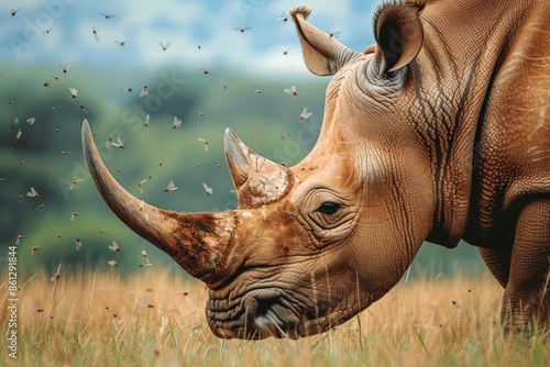 An old white rhinoceros stands in a grass field with ears and horn showing. Details of flies and wrinkled skin photo