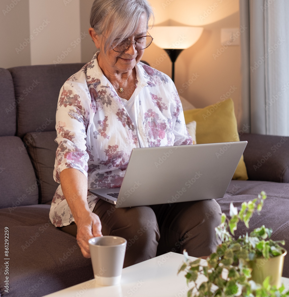 Fototapeta premium Senior attractive woman sitting on sofa at home working with laptop, elderly lady holding computer on her knees holding a coffee cup