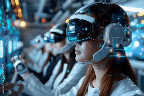 The photo shows a group of beautiful people wearing futuristic eyeglasses, using advanced holographic screens and robots to monitor their Sleep Apnea Oxygen Mask Equipment © Vera