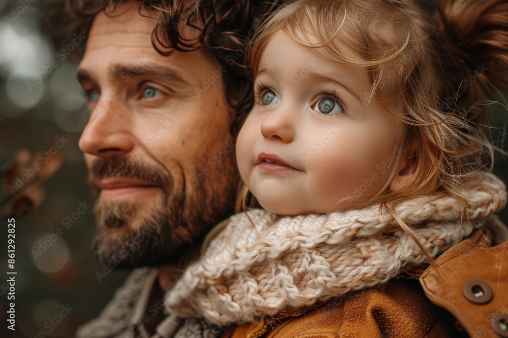 A man with a beard and a young girl with bright eyes share an intimate moment in nature, wrapped in warm clothing, capturing a sense of love and companionship in an autumn setting. A man with a beard and a young girl with bright eyes share an intimate moment in nature, wrapped in warm clothing, capturing a sense of love and companionship in an autumn setting.
