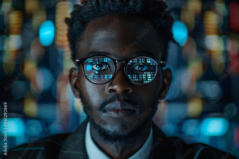 African Business Manager Using AI Holographic Screens to Review Potential Employees Before Interview African Business Manager Using AI Holographic Screens to Review Potential Employees Before Interview