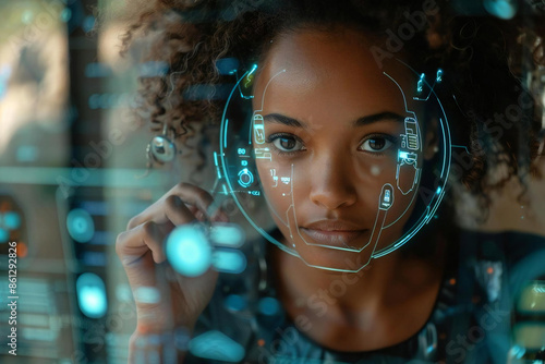 Wallpaper Mural Beautiful African American woman using holographic screens and AI technology to organize her work and home agenda in a futuristic personal organizer. Torontodigital.ca