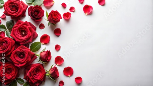 Beautiful red roses and petals on white background, top view. Space for text