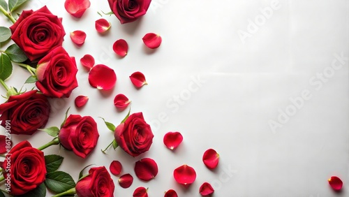 Beautiful red roses and petals on white background, top view. Space for text
