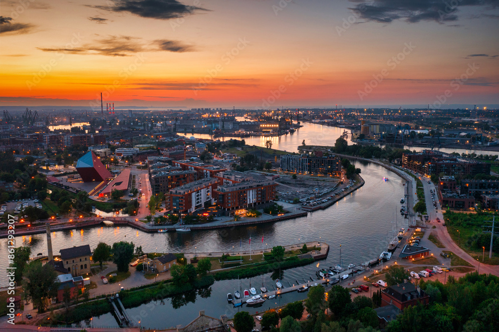 Aerial scenery of Gdansk with the mouth of the Motlawa River at sunset. Poland Aerial scenery of Gdansk with the mouth of the Motlawa River at sunset. Poland