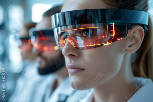 Beautiful people with well-groomed beards wearing futuristic holographic eyeglasses while receiving advanced AI-assisted dermatological treatment for rosacea and other skin problems