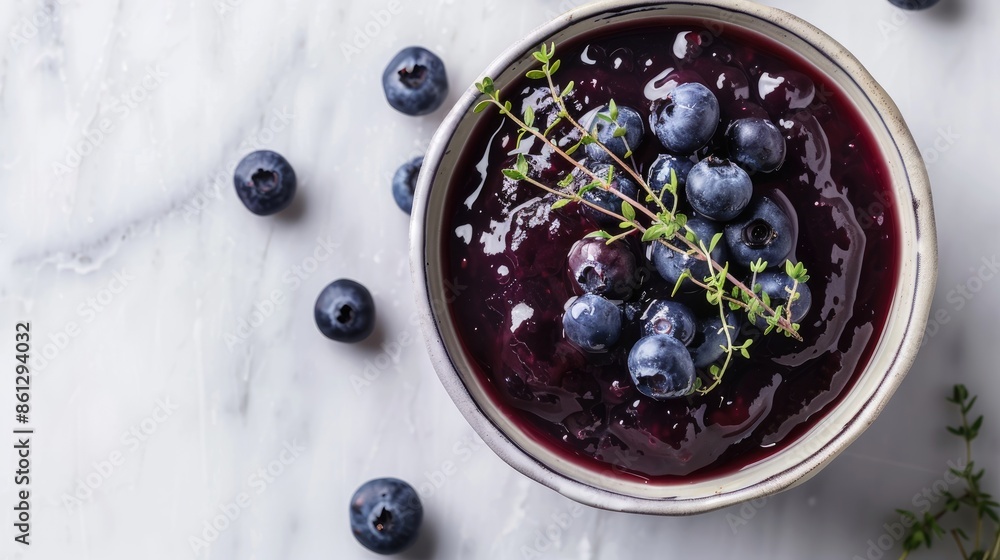 A bowl of blueberry sauce with a sprig of thyme A bowl of blueberry sauce with a sprig of thyme