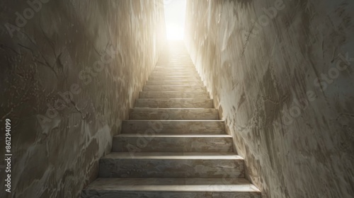 A well-worn stone staircase is bathed in sunlight as it ascends from a dark, narrow passage, symbolizing the journey from darkness to light and hope. © Vuk