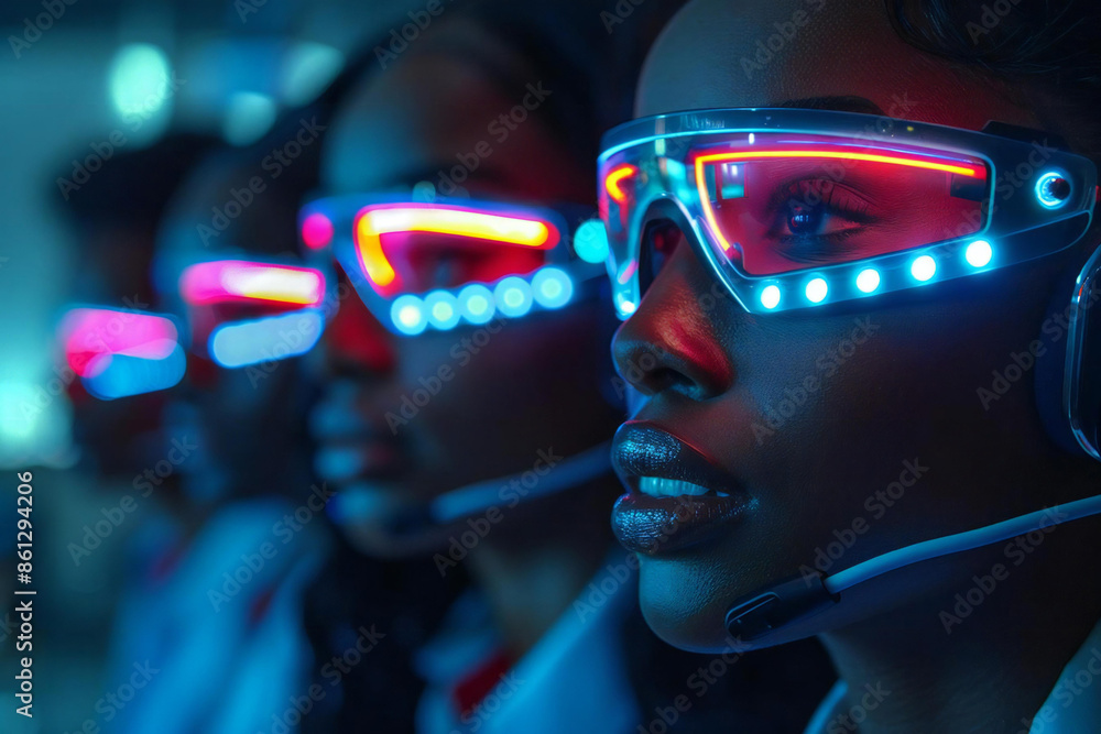 team of beautiful diverse customer service executives, wearing futuristic holographic headsets in a high-tech call center powered by AI. team of beautiful diverse customer service executives, wearing futuristic holographic headsets in a high-tech call center powered by AI.